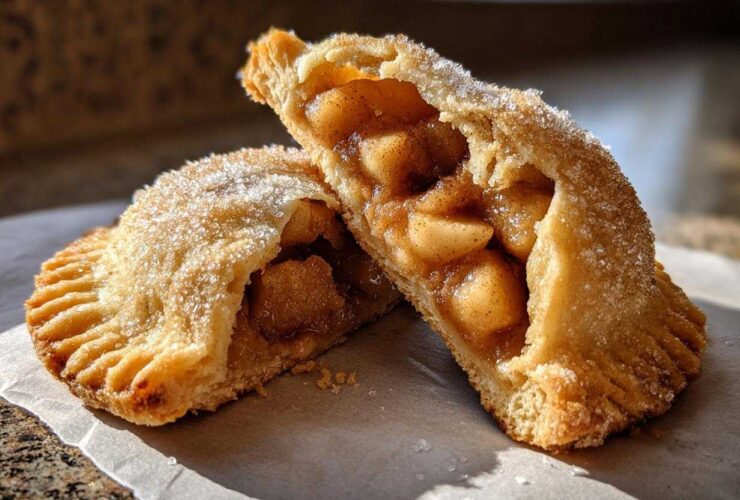 Two halves of a baked apple pie cookies, showing the spiced apple filling and sugary crust.