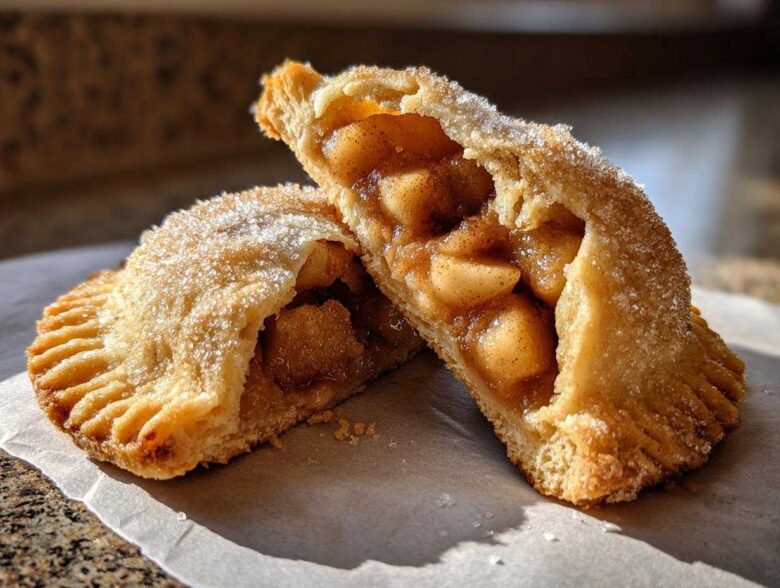 Two halves of a baked apple pie cookies, showing the spiced apple filling and sugary crust.