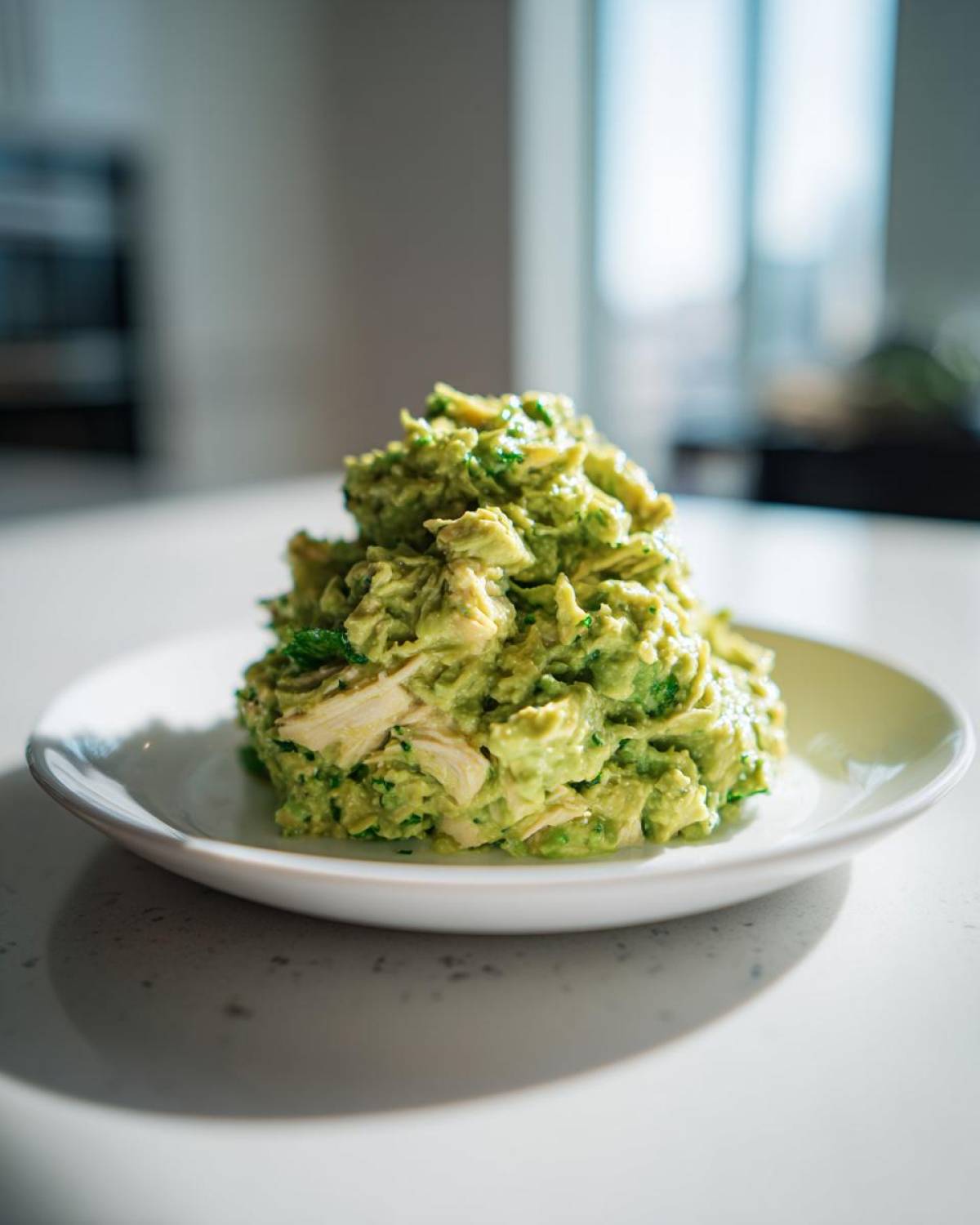 A mound of creamy avocado chicken salad served on a white plate, showing chunks of chicken mixed with bright green avocado.