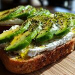 Close-up of avocado cottage cheese toast topped with olive oil and seasoning on a wooden board.