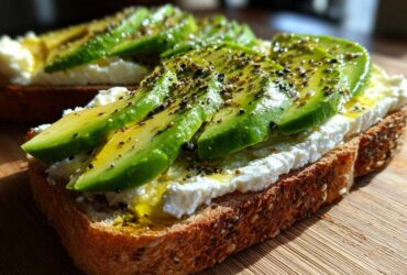 Close-up of avocado cottage cheese toast topped with olive oil and seasoning on a wooden board.