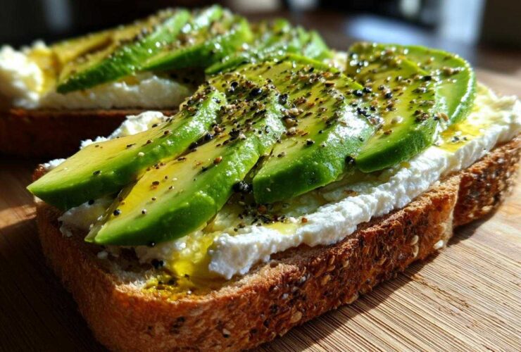 Close-up of avocado cottage cheese toast topped with olive oil and seasoning on a wooden board.