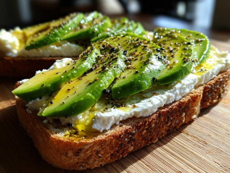Close-up of avocado cottage cheese toast topped with olive oil and seasoning on a wooden board.