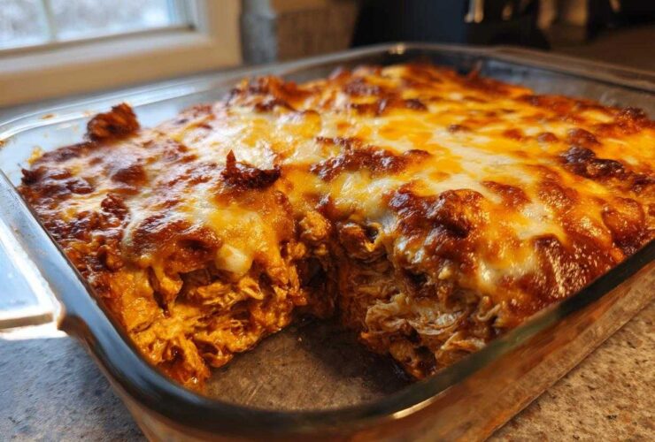 A close-up of baked chicken enchilada dip in a glass dish, showing shredded chicken filling and a bubbly, browned cheese topping.