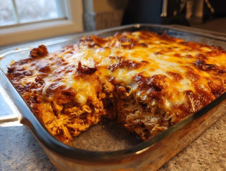 A close-up of baked chicken enchilada dip in a glass dish, showing shredded chicken filling and a bubbly, browned cheese topping.