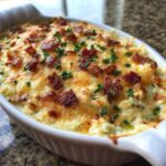 A close-up of baked jalapeño popper dip topped with melted cheese, crispy bacon bits, and fresh chives.