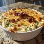 A close-up of hot, baked jalapeño popper dip in a white ramekin, topped with melted cheese and crispy bacon bits.