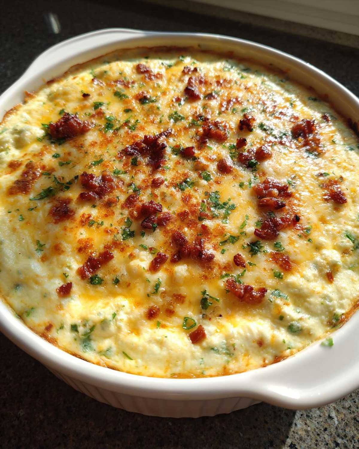 Close-up of a baked jalapeño popper dip in a white casserole dish, topped with melted cheese, bacon bits, and parsley.
