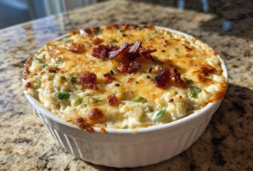 A close-up of hot, baked jalapeño popper dip in a white ramekin, topped with melted cheese and crispy bacon bits.