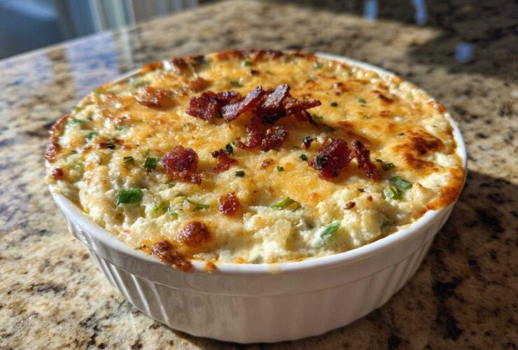 A close-up of hot, baked jalapeño popper dip in a white ramekin, topped with melted cheese and crispy bacon bits.