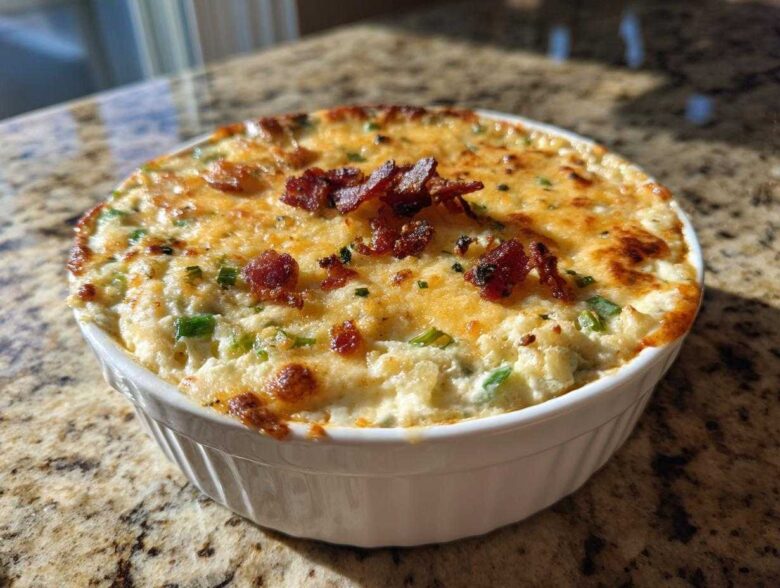 A close-up of hot, baked jalapeño popper dip in a white ramekin, topped with melted cheese and crispy bacon bits.
