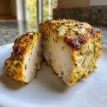 Cross section of juicy baked ranch chicken showing moist white meat and a golden, herbed ranch crust.