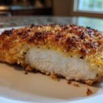 A close-up cross-section showing the moist white meat of baked ranch chicken with a crispy, golden-brown, seasoned crust.