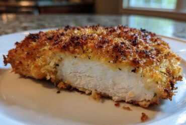 A close-up cross-section showing the moist white meat of baked ranch chicken with a crispy, golden-brown, seasoned crust.