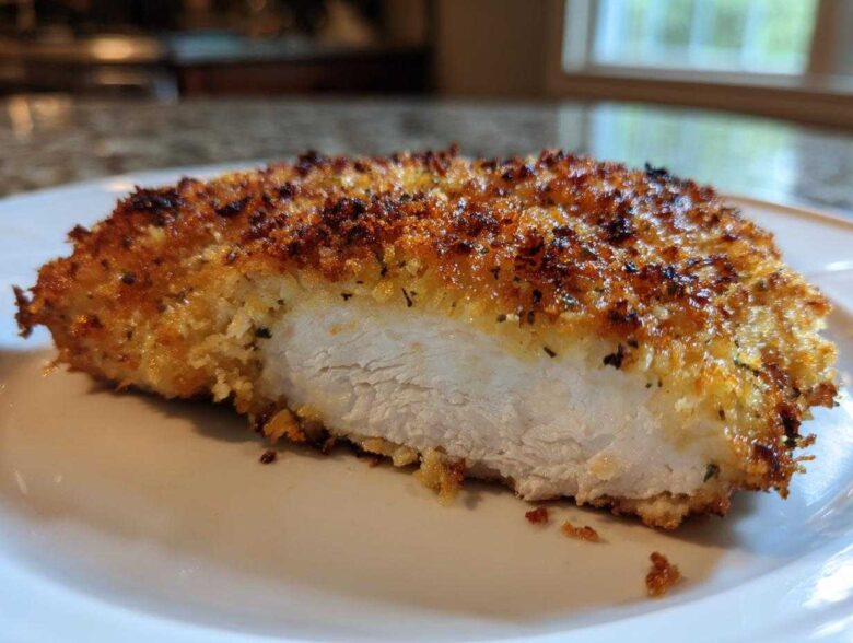 A close-up cross-section showing the moist white meat of baked ranch chicken with a crispy, golden-brown, seasoned crust.