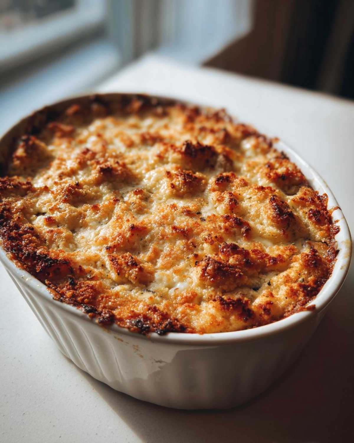 Close-up of a baked stuffed mushroom dip in a white oval dish with a deeply browned, cheesy crust.