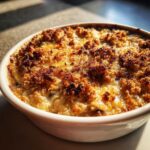 Close-up of a bubbling, baked stuffed mushroom dip with a dark, crispy, golden-brown topping in a white serving dish.