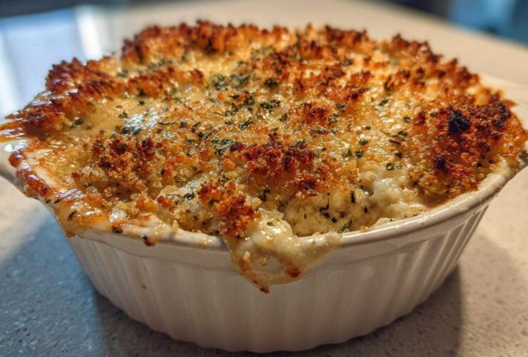 A close-up of hot, bubbling stuffed mushroom dip in a white ramekin with a golden, crispy breadcrumb topping.