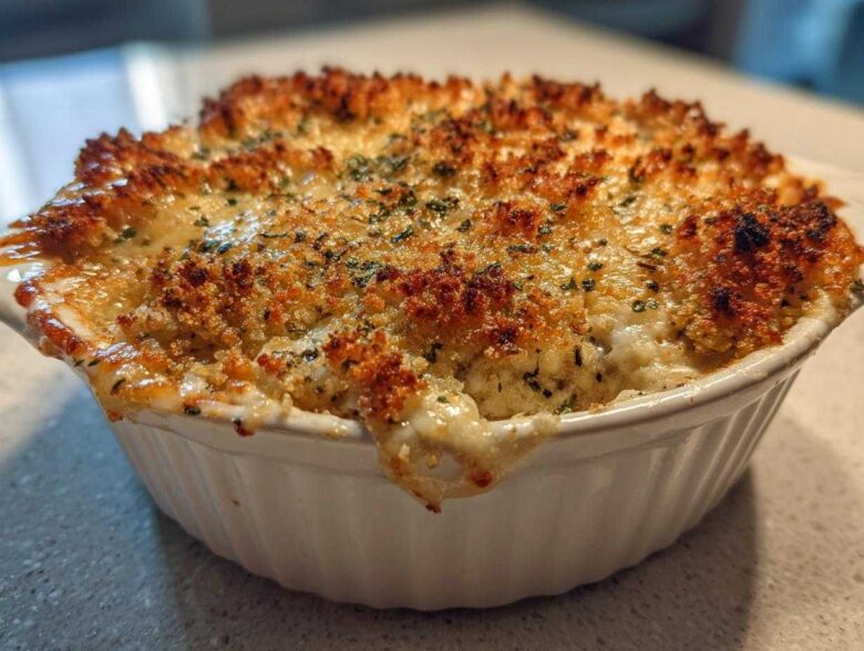 A close-up of hot, bubbling stuffed mushroom dip in a white ramekin with a golden, crispy breadcrumb topping.