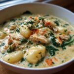 A close-up of a hearty bowl of creamy chicken gnocchi soup with spinach and carrots, garnished with herbs.