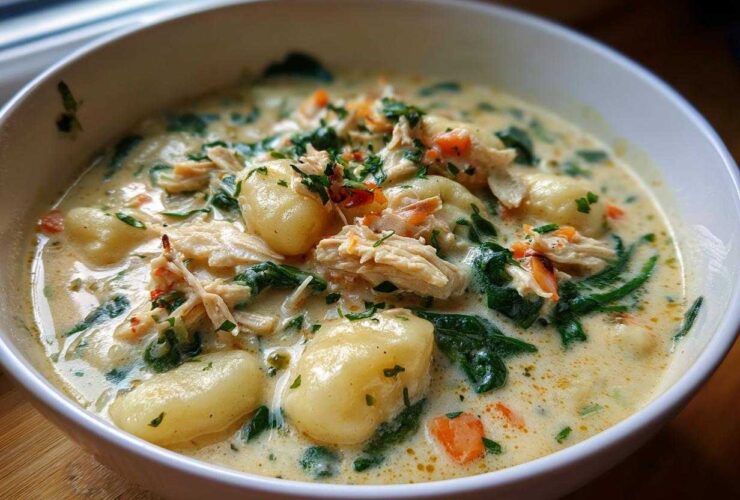 A close-up of a hearty bowl of creamy chicken gnocchi soup with spinach and carrots, garnished with herbs.