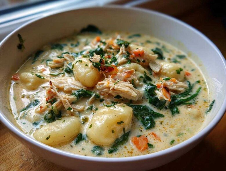 A close-up of a hearty bowl of creamy chicken gnocchi soup with spinach and carrots, garnished with herbs.
