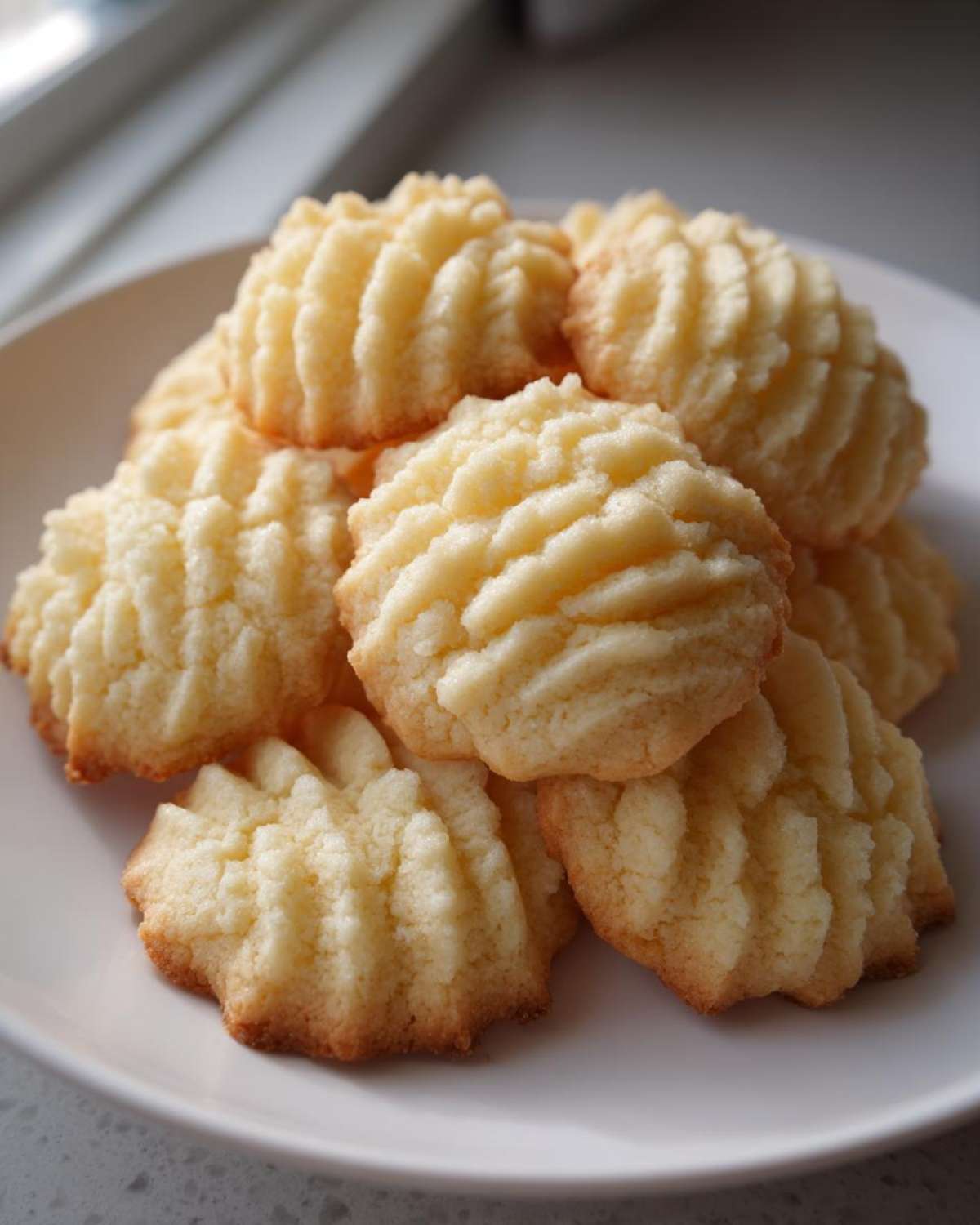 A close-up stack of golden, piped butter cookies with ridged tops resting on a white plate.