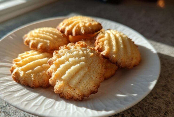 A close-up of several golden brown butter cookies with ridged tops stacked on a white plate, illuminated by sunlight.