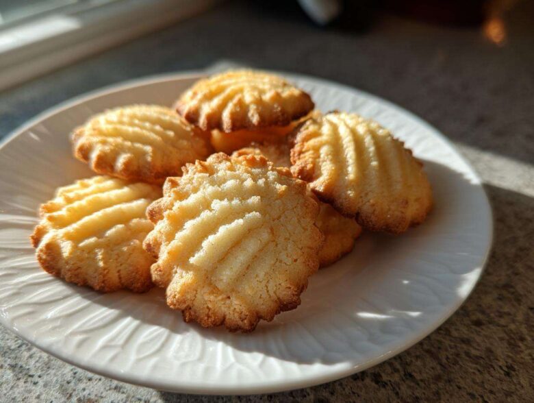 A close-up of several golden brown butter cookies with ridged tops stacked on a white plate, illuminated by sunlight.