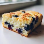 Close-up of a square slice of fluffy blueberry sheet pan pancakes with a golden top.