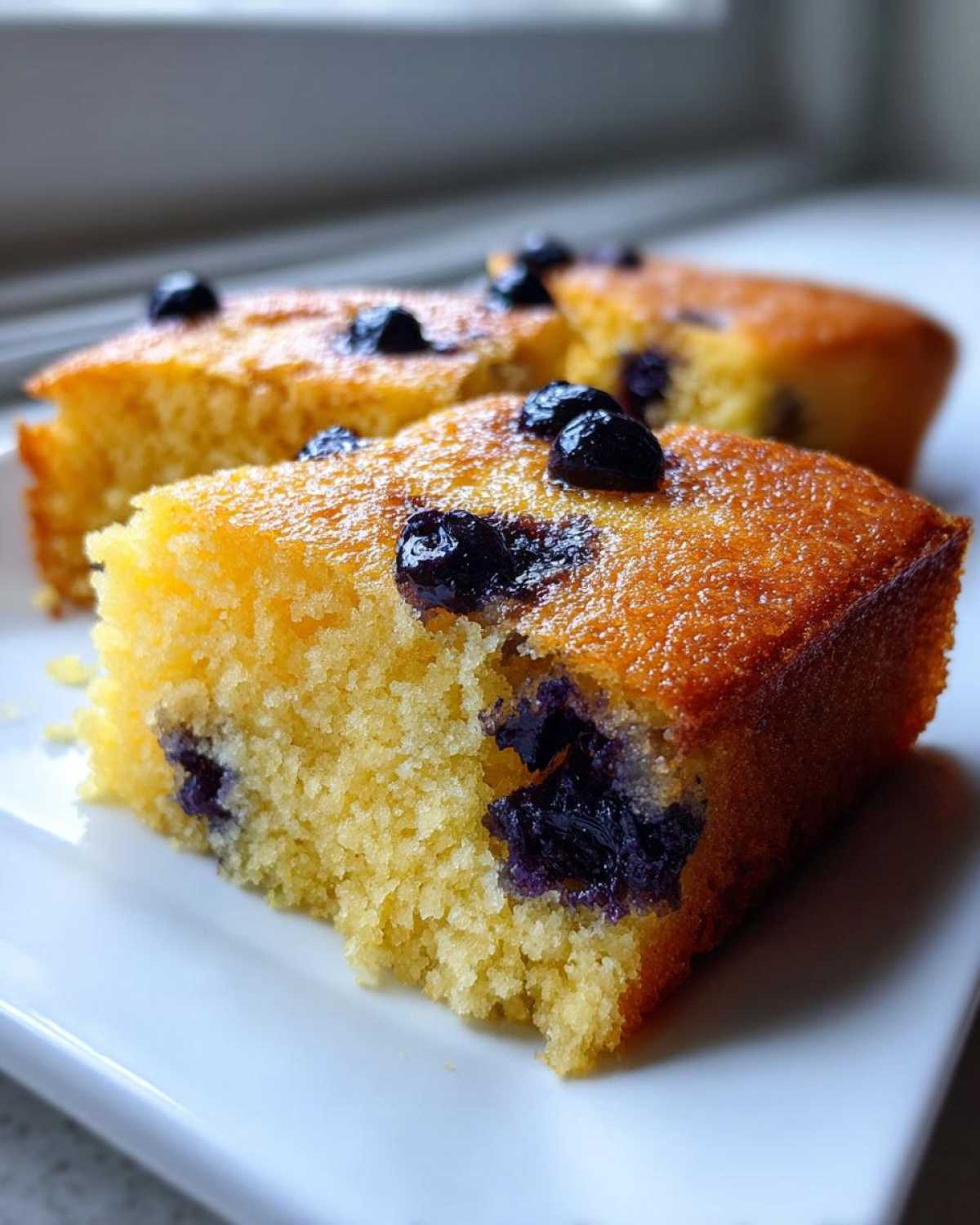 Close-up of a golden, fluffy slice of blueberry sheet pan pancakes showing moist texture and baked blueberries.
