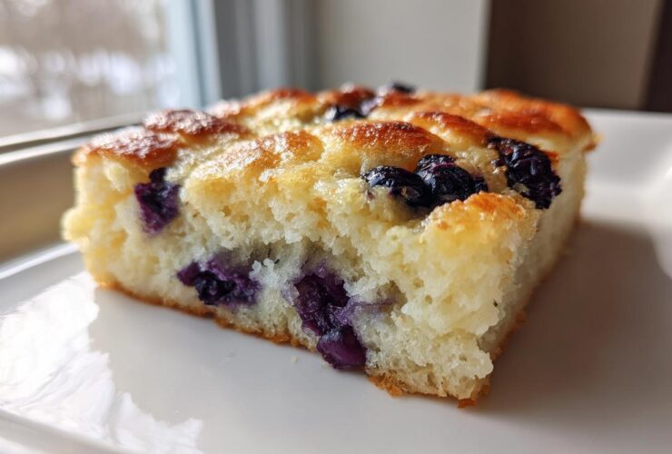 Close-up of a thick slice of blueberry sheet pan pancakes showing a fluffy interior and golden brown top.