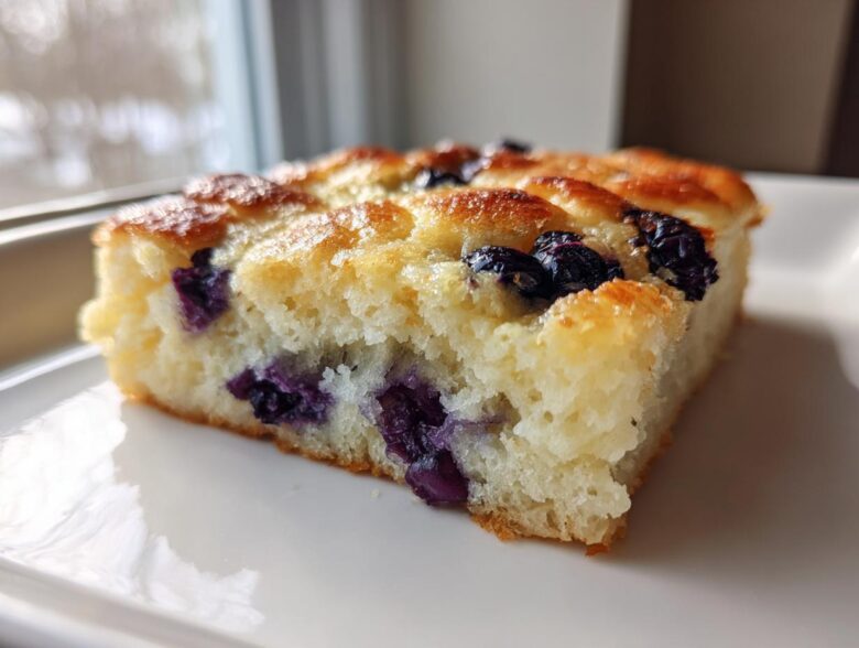 Close-up of a thick slice of blueberry sheet pan pancakes showing a fluffy interior and golden brown top.