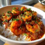 Close-up of vibrant Shrimp Creole served over fluffy white rice, garnished with fresh parsley.