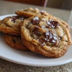 Close-up of several chewy brown butter chocolate chip cookies topped with flaky sea salt.