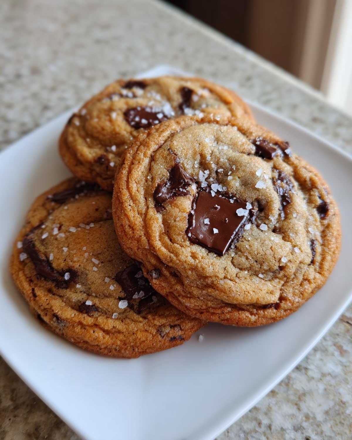 Three freshly baked brown butter chocolate chip cookies topped with flaky sea salt on a white plate.