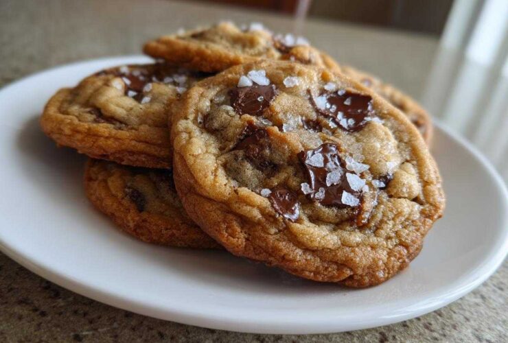 Close-up of several chewy brown butter chocolate chip cookies topped with flaky sea salt.