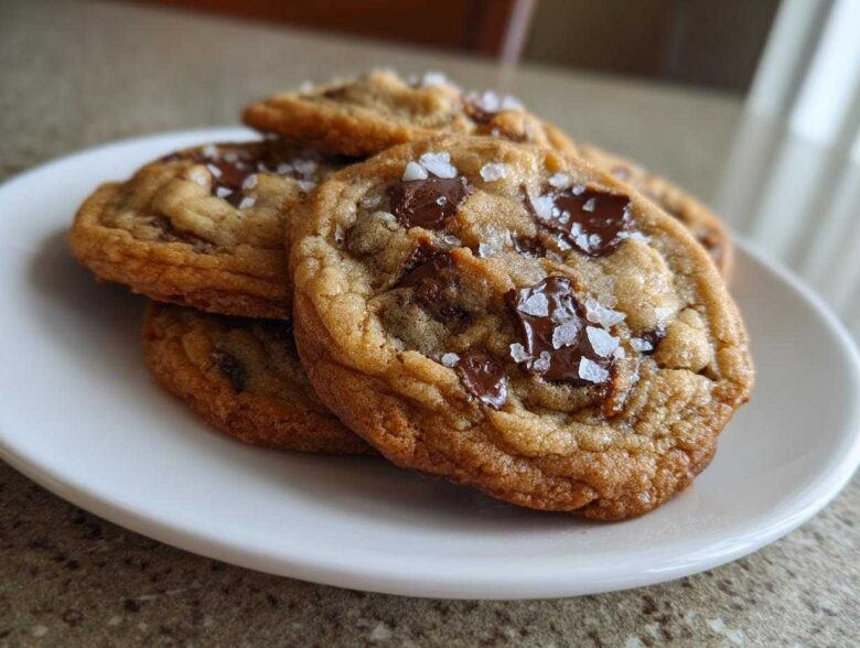 Close-up of several chewy brown butter chocolate chip cookies topped with flaky sea salt.