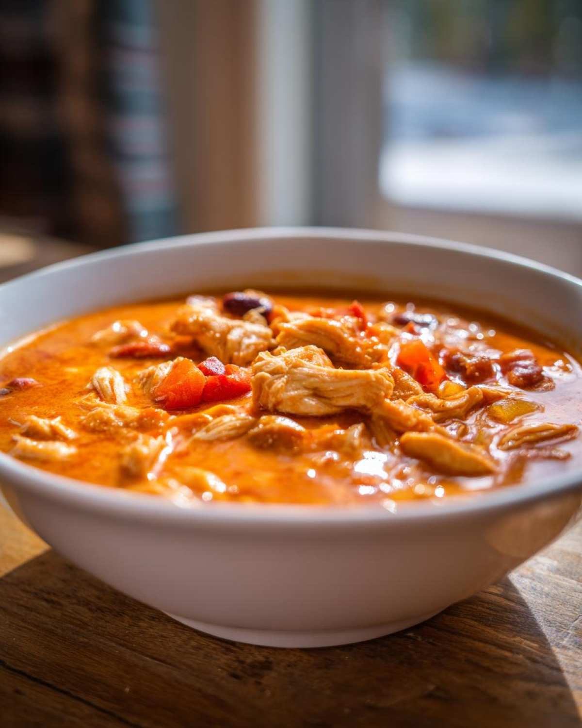 A close-up of a white bowl filled with rich, orange-colored buffalo chicken chili featuring shredded chicken and red peppers.
