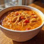 A close-up of a hearty bowl of orange-red buffalo chicken chili with shredded chicken and tomatoes.