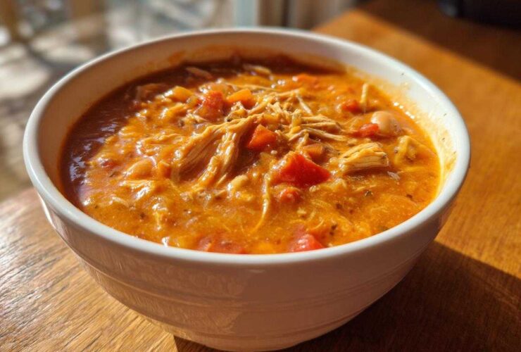 A close-up of a hearty bowl of orange-red buffalo chicken chili with shredded chicken and tomatoes.