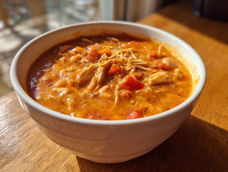 A close-up of a hearty bowl of orange-red buffalo chicken chili with shredded chicken and tomatoes.