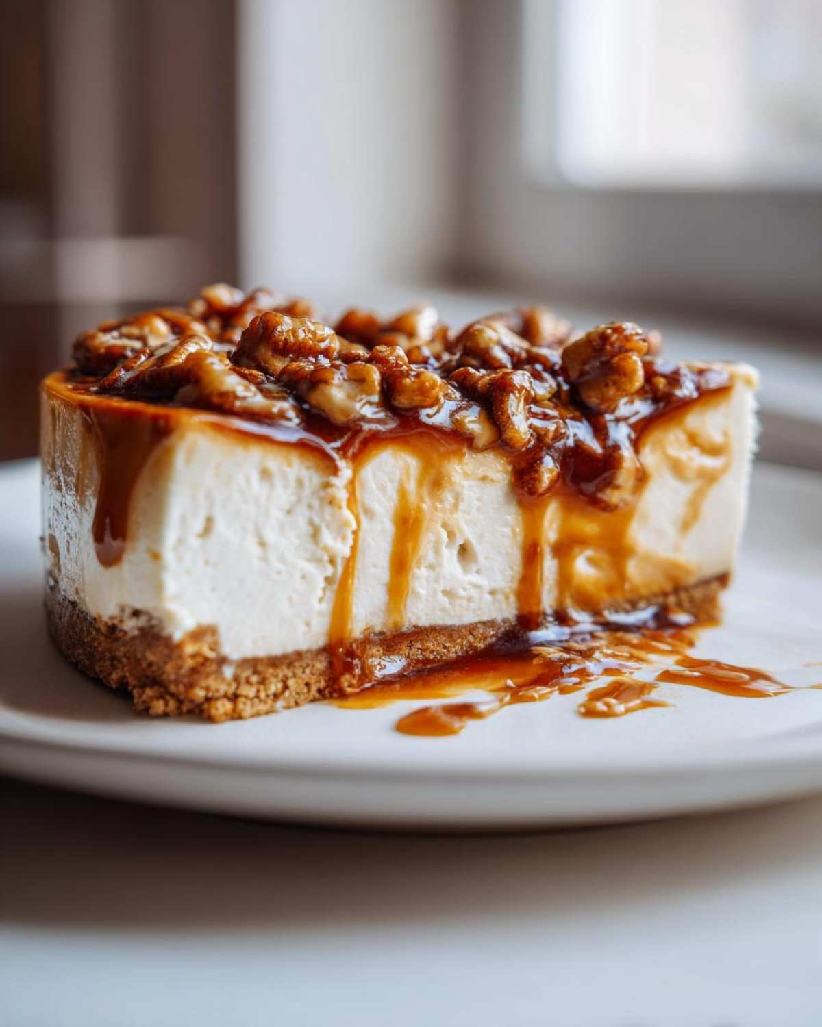 A rich slice of cheesecake topped with caramel and candied pecans, resembling pecan pie dip flavors.