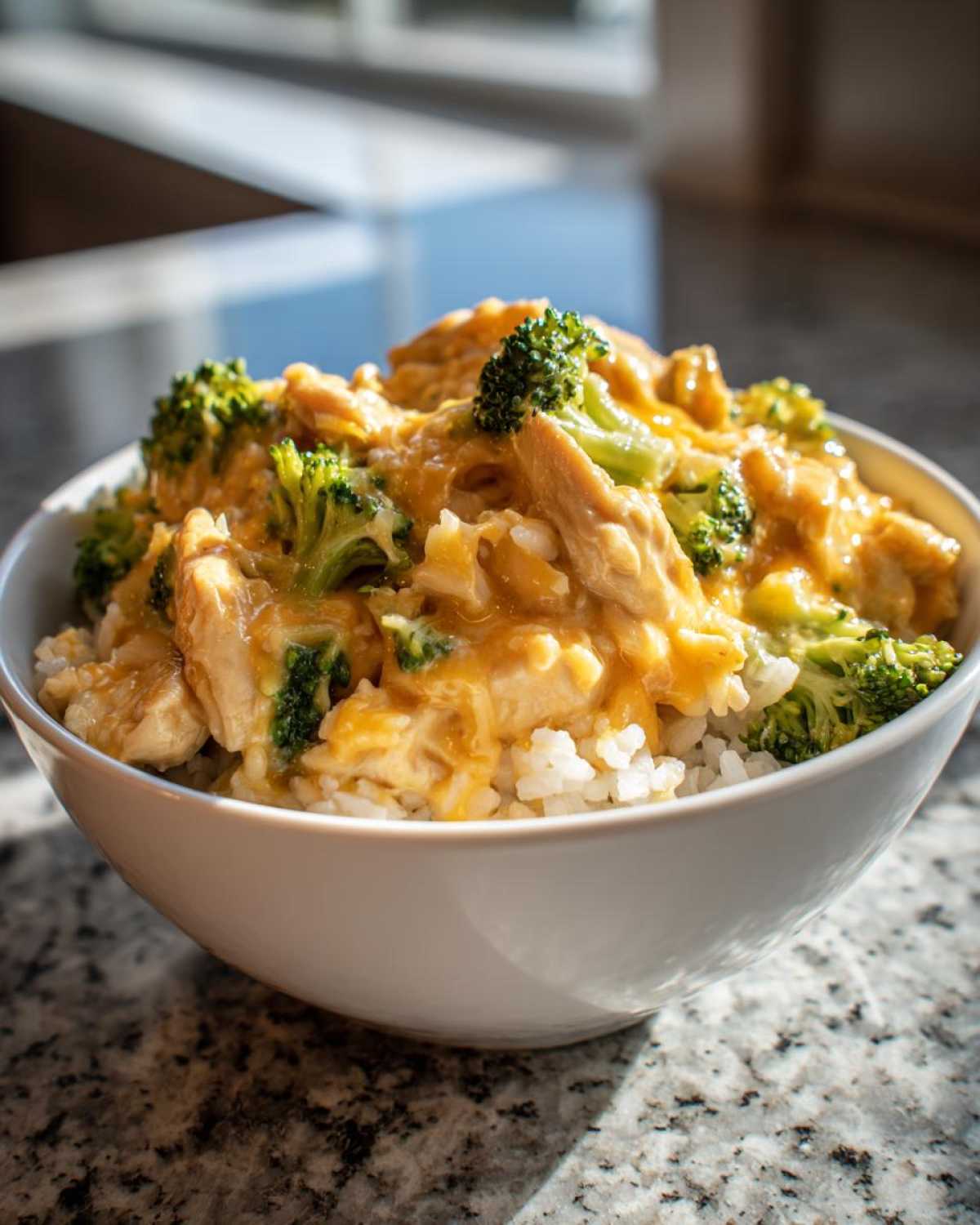 A white bowl filled with cheesy chicken and rice topped with bright green broccoli florets.