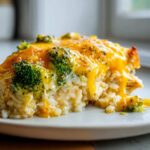 Close-up of a serving of creamy chicken broccoli rice casserole topped with melted cheddar cheese.