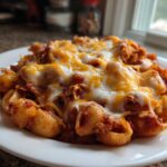 A close-up of cheesy 1-Pot Enchilada Pasta made with shell pasta and topped with melted white and cheddar cheese.