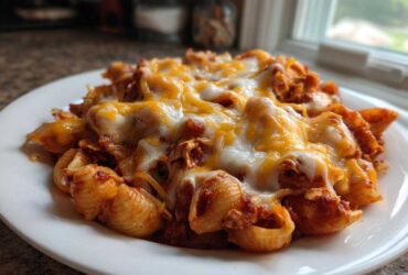A close-up of cheesy 1-Pot Enchilada Pasta made with shell pasta and topped with melted white and cheddar cheese.