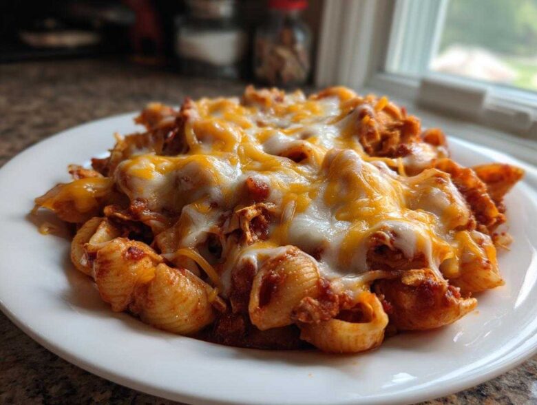 A close-up of cheesy 1-Pot Enchilada Pasta made with shell pasta and topped with melted white and cheddar cheese.