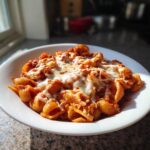 A close-up of cheesy enchilada pasta made with shell pasta and covered in melted mozzarella cheese.