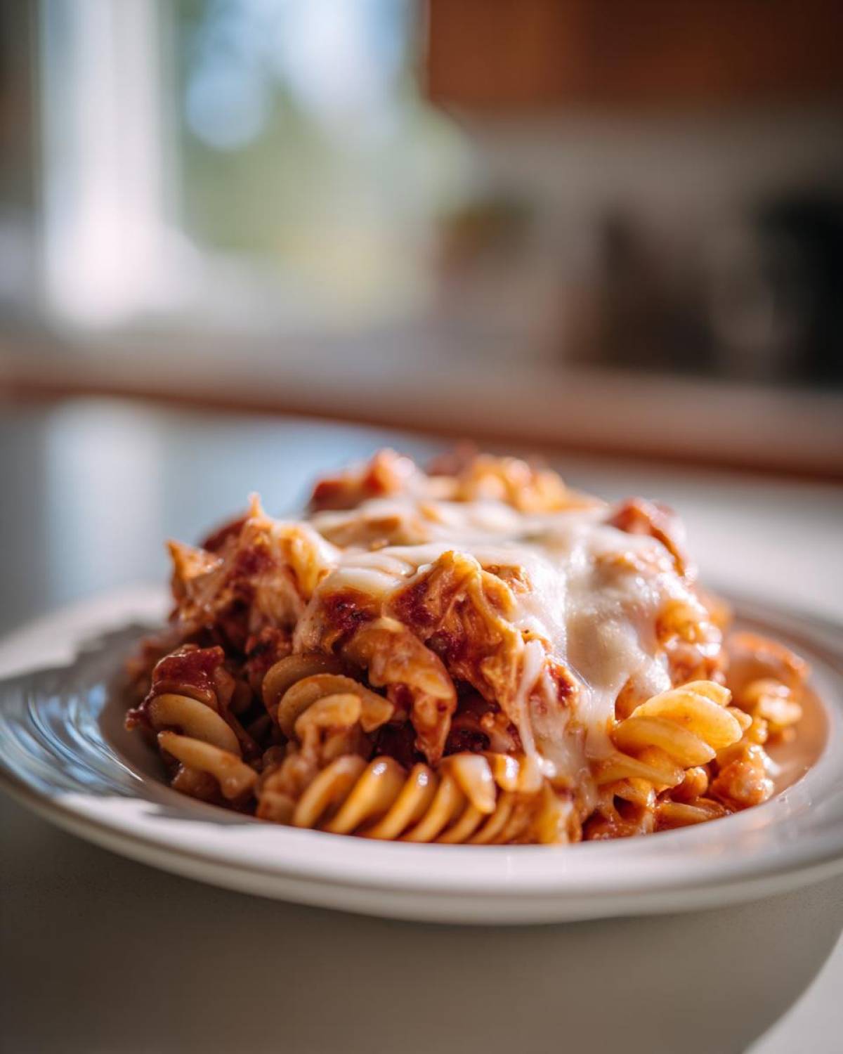 A close-up of a serving of cheesy enchilada pasta featuring rotini noodles, sauce, and melted white cheese on a white plate.